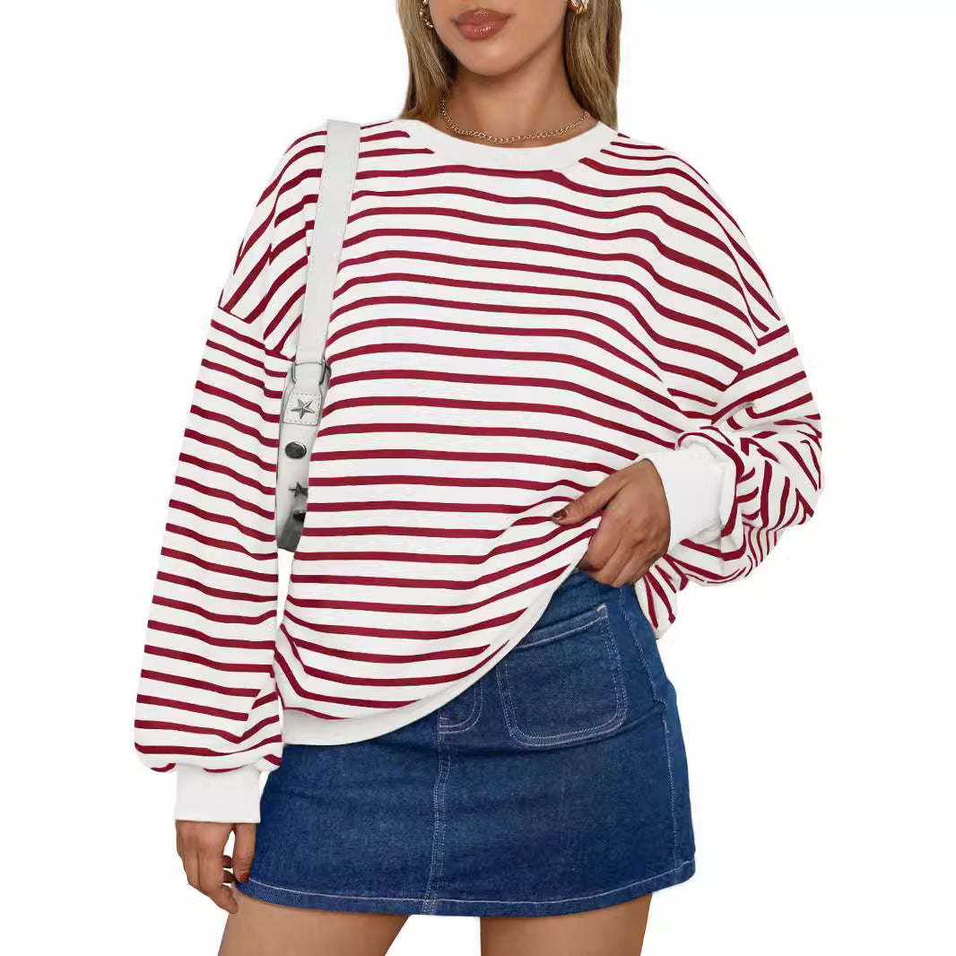 Women's Colorful Striped Round Neck Loose Sweatshirt